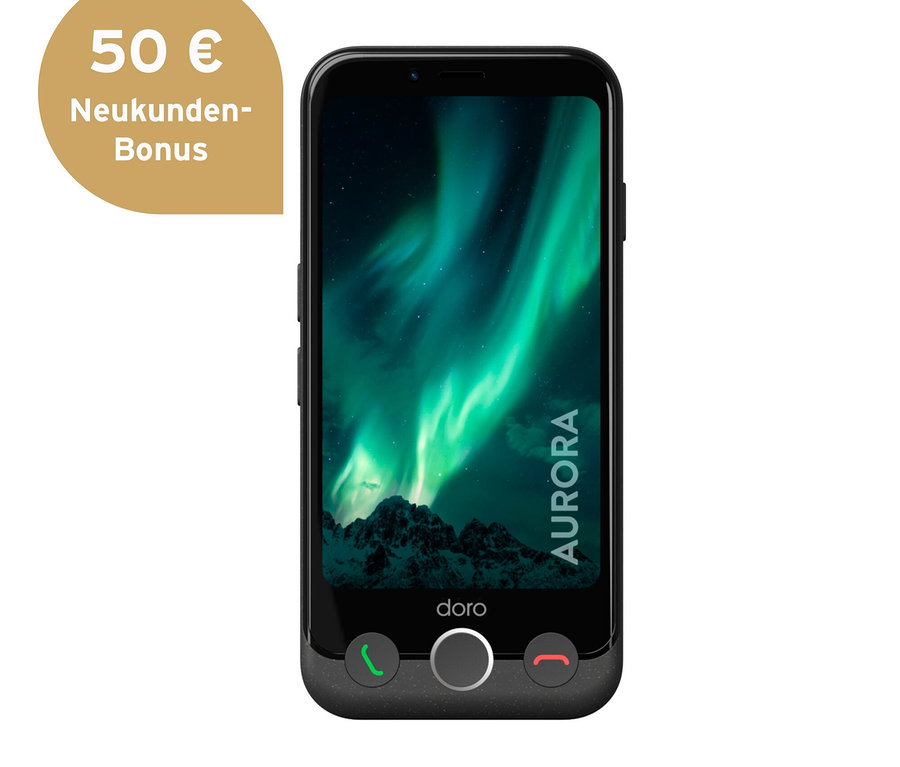 Ein Doro Aurora A20 64 GB Graphit Mobiltelefon mit einem Polarlicht-Bildschirm.