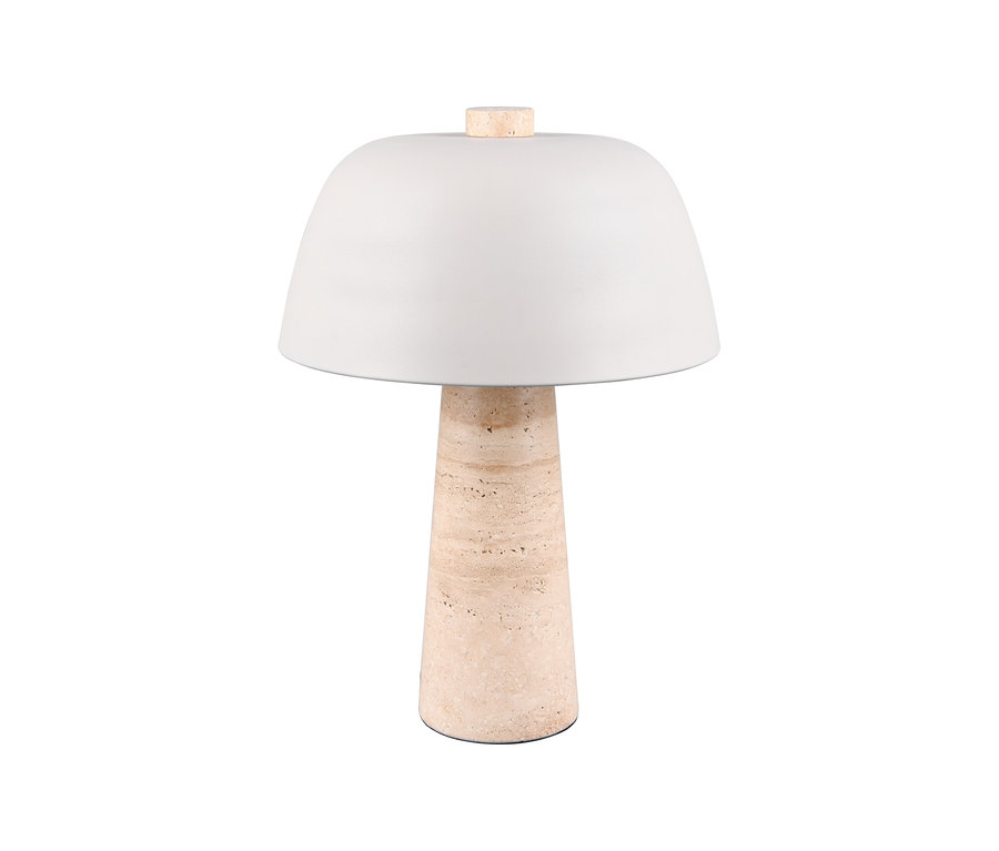 Trio Tischleuchte »Vera« mit weißem, kuppelförmigem Schirm und beigem, strukturiertem Travertinsockel.