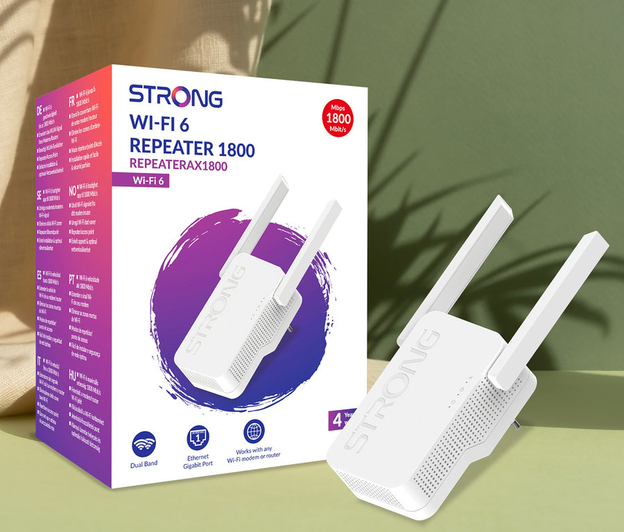 Ein weißer Strong Wi-Fi 6 Repeater »AX 1800« und seine Verpackung.