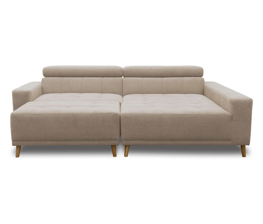 Ein hellbeiges Sofa mit zwei Abschnitten, getufteten Sitzen und verstellbaren Kopfstützen. Es hat gerade Armlehnen und konische Holzbeine.