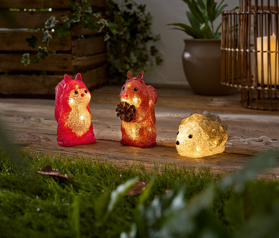 Drei leuchtende Tierfiguren, ein rotes Eichhörnchen, ein orangefarbenes Eichhörnchen mit einem Tannenzapfen und ein hellgelber Igel, sitzen auf einer Holzoberfläche. Im Vordergrund ist grünes Gras.
