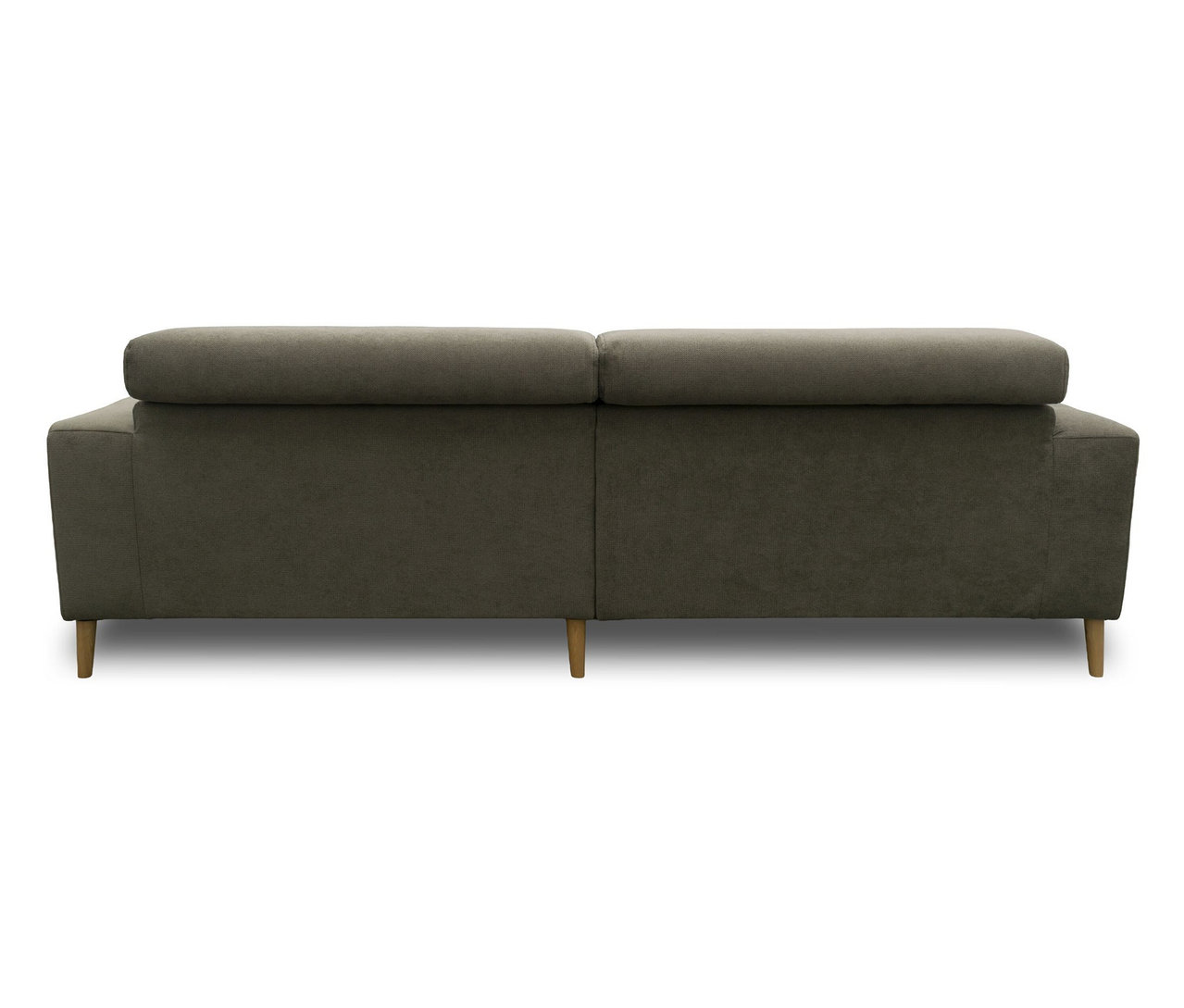 Graues DOMO Sofa »Malmö« mit Kopfteilverstellung und Holzfüßen, von hinten gesehen.