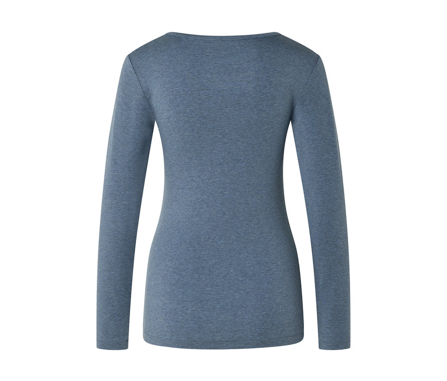 Rückansicht eines schlichten, blau-grauen Langarmshirts mit Rundhalsausschnitt.