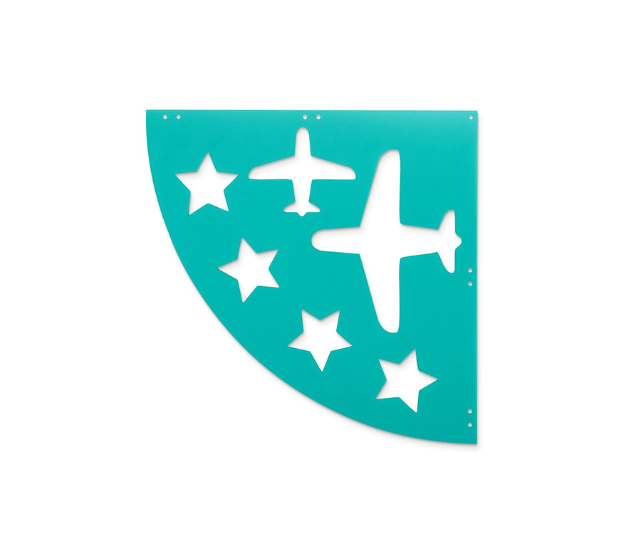 Türkise Straßenmalkreide-Schablone mit Flugzeugen und Sternen.