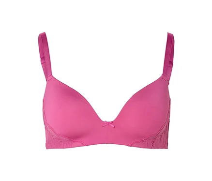 Ein pinkfarbener BH mit Spitze an den Seiten und einer kleinen Schleife in der Mitte.