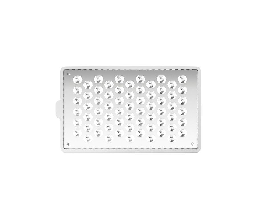 Rechteckige ZWILLING Z-Cut Multireibe mit weißem Rahmen und silberner Reibefläche mit sechseckigen Löchern.