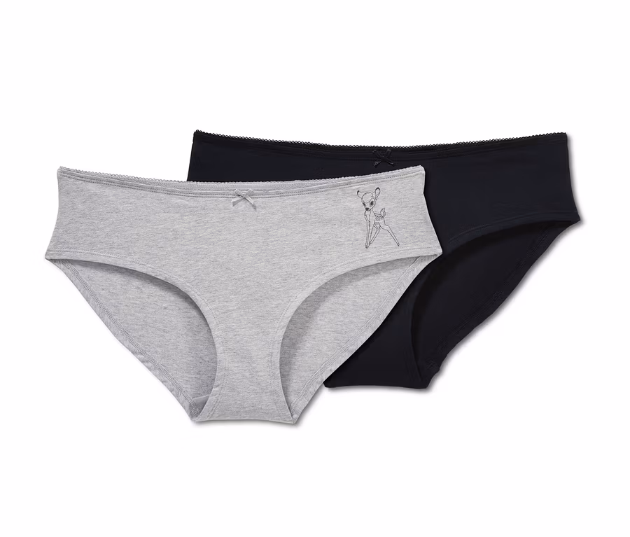 Zwei Pantys »Disney«: eine graue mit Bambi-Motiv, eine schwarze.