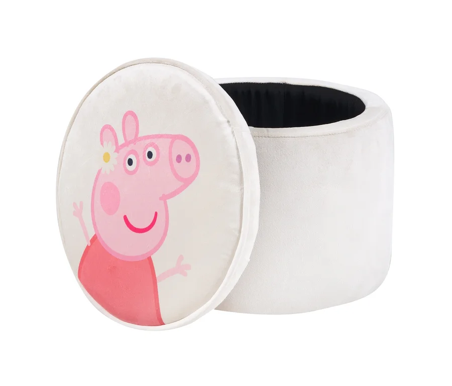 Ein offener, runder, cremefarbener Hocker mit einem Bild von Peppa Pig auf dem Deckel.