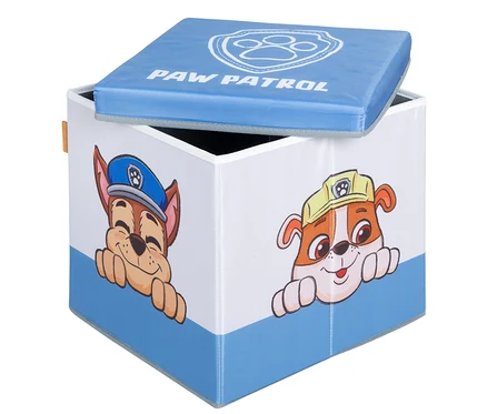 Geöffneter, quadratischer, weißer Spielzeugkasten mit blauem Deckel, der mit Paw Patrol-Figuren verziert ist.