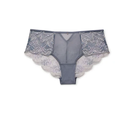 Grauer, floraler Spitzenslip mit transparentem Netzstoff auf einem weißen Hintergrund.