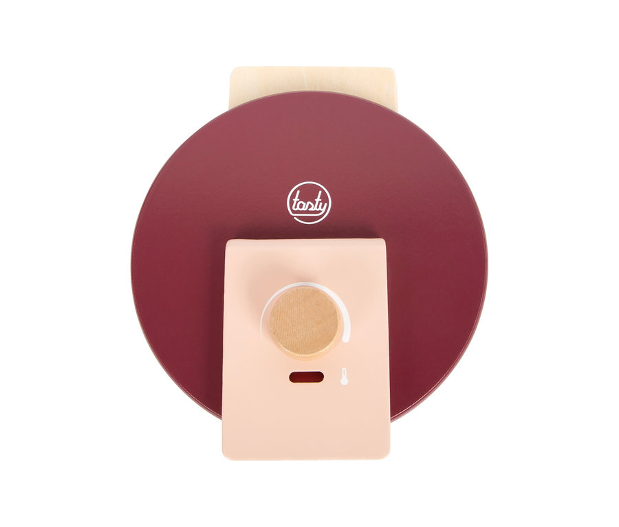 Rotes, rundes small foot Waffeleisen-Set »tasty« mit hellrosa Bedienfeld und Holzregler.