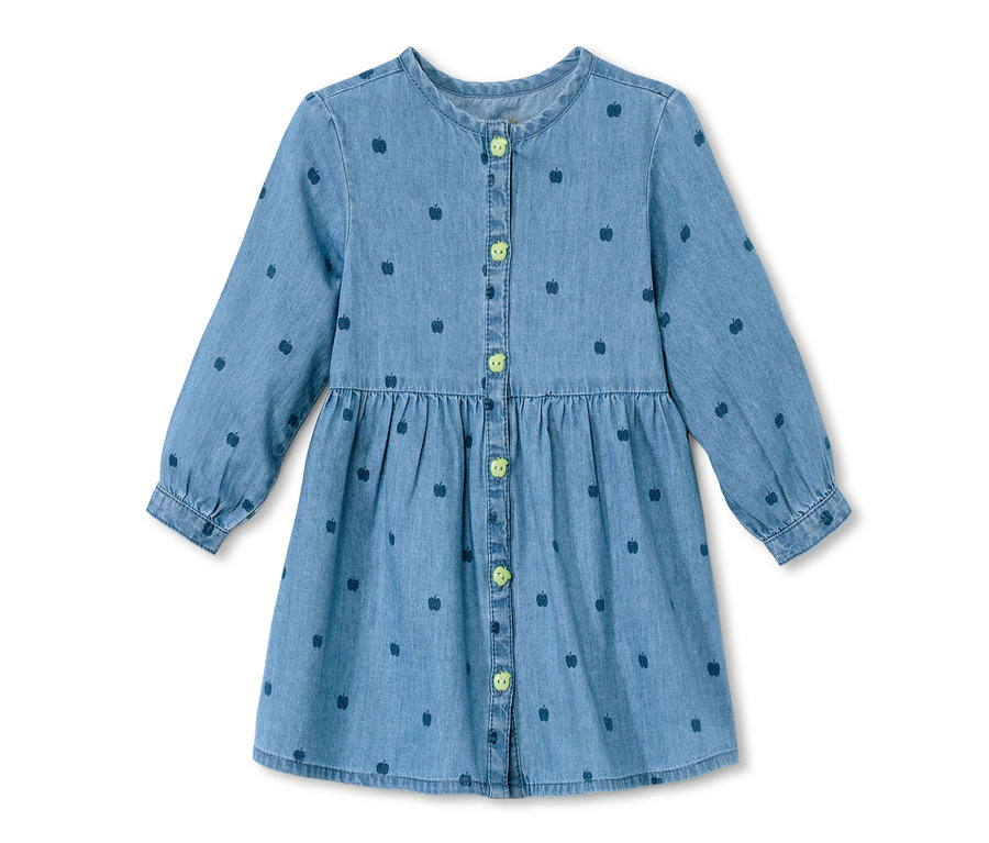 Blaues Jeanskleid mit langen Ärmeln und Apfelmuster.