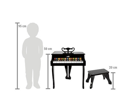 Schwarzes Spielzeugklavier mit bunten Tasten und passendem schwarzem Hocker. Eine Kindersilhouette daneben zeigt, dass das Klavier 50 cm, der Hocker 20 cm und das Kind 95 cm hoch ist.