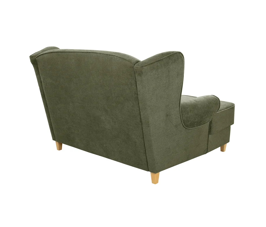 Olivgrünes Zweisitzer-Sofa mit hoher Rückenlehne und hellen Holzbeinen, von hinten gesehen.