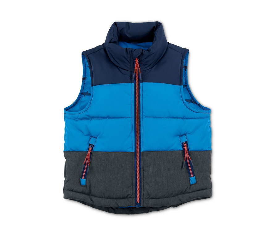 Blau-graue Thermoweste mit orangefarbenem Reißverschluss.