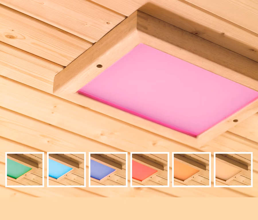 Detail einer Saunadecke mit installierter Karibu-Premium-LED-Farblichtanwendung, die in Violett leuchtet.