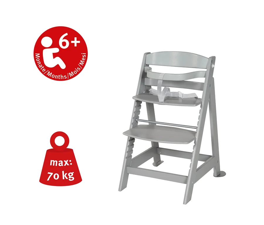 Grauer Kinderhochstuhl mit Sicherheitsgurt.