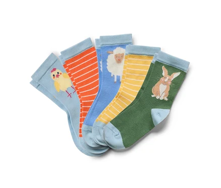 Fünf Paar bunte Kinder-Socken mit Tiermotiven.