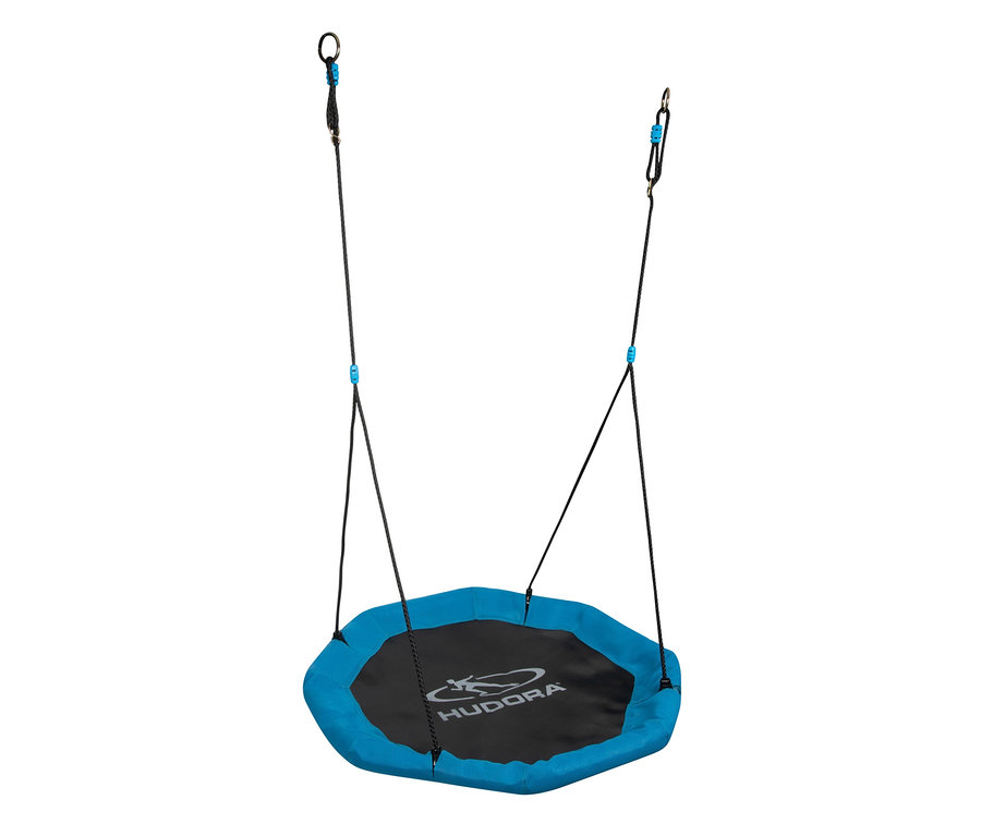 Eine blau-schwarze HUDORA Nestschaukel »Octagon 110« hängt an Seilen.