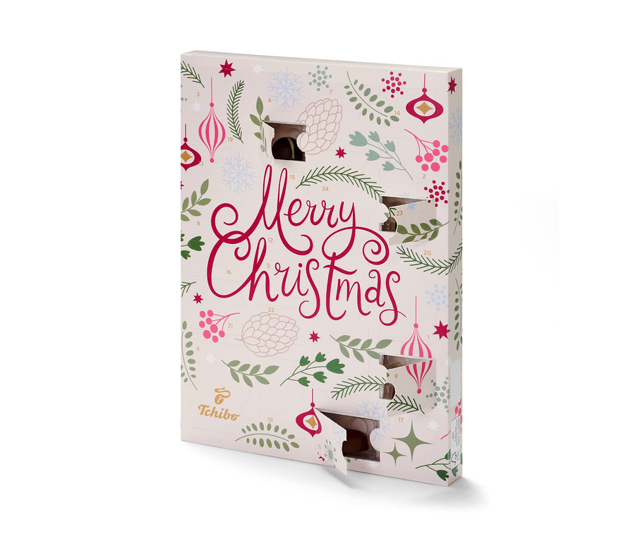 Tchibo-Adventskalender mit geöffneten Türchen.