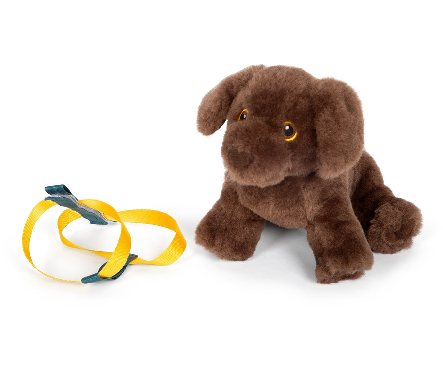 Ein brauner Plüschhund sitzt neben einer gelben Leine. small foot Hund mit Tasche und Pflege-Set