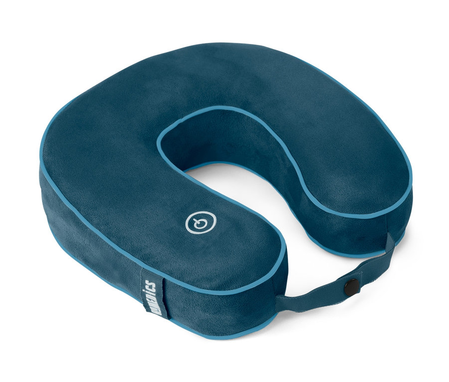 Blaues Nackenkissen mit Vibrationsmassage auf weißem Hintergrund.
