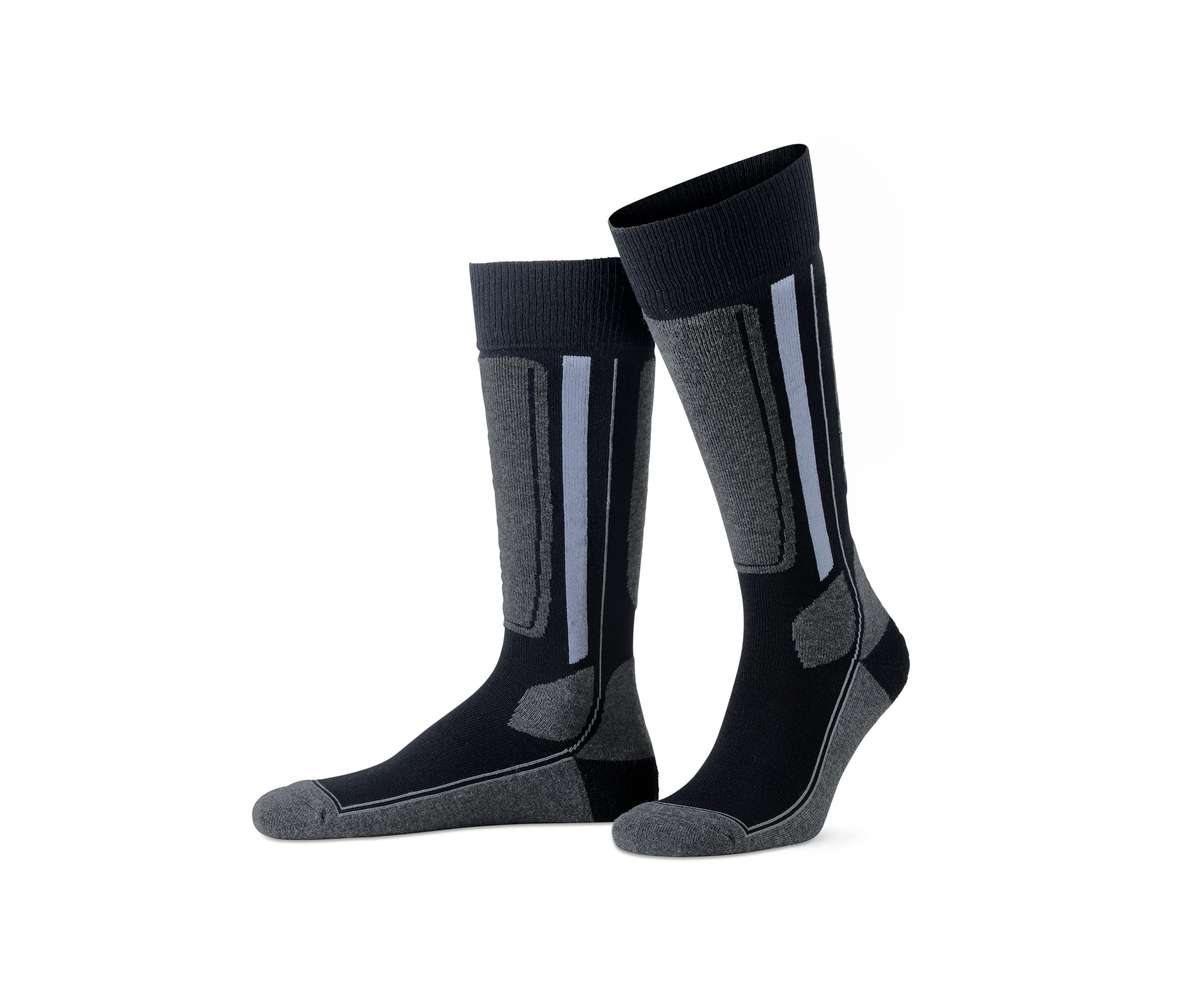 Zwei Skisocken in Schwarz und Grau.
