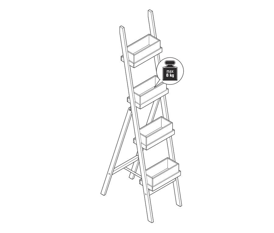 Illustration einer zusammenklappbaren Pflanzleiter mit vier Pflanzkästen.