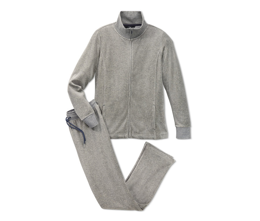 Grauer Nicki-Hausanzug mit Reißverschlussjacke und Kordelzug.