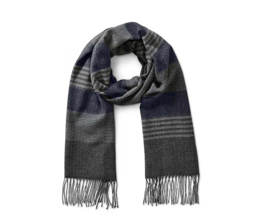 Cashmere-Strickschal mit grauen und blauen Streifen und Fransen.