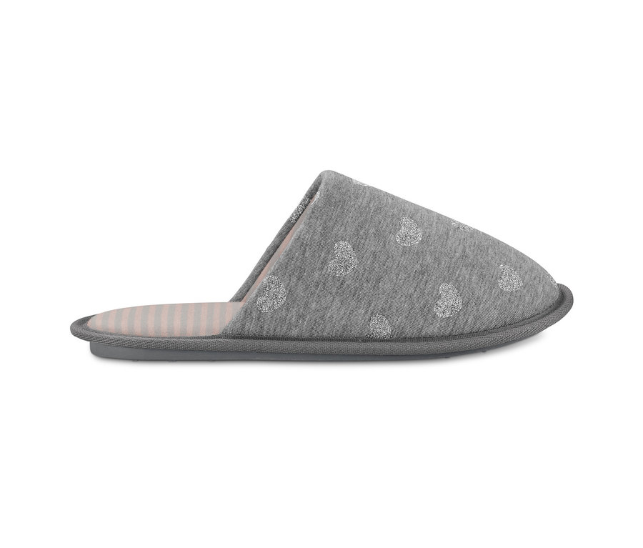 Grauer Hausschuh mit Muster.