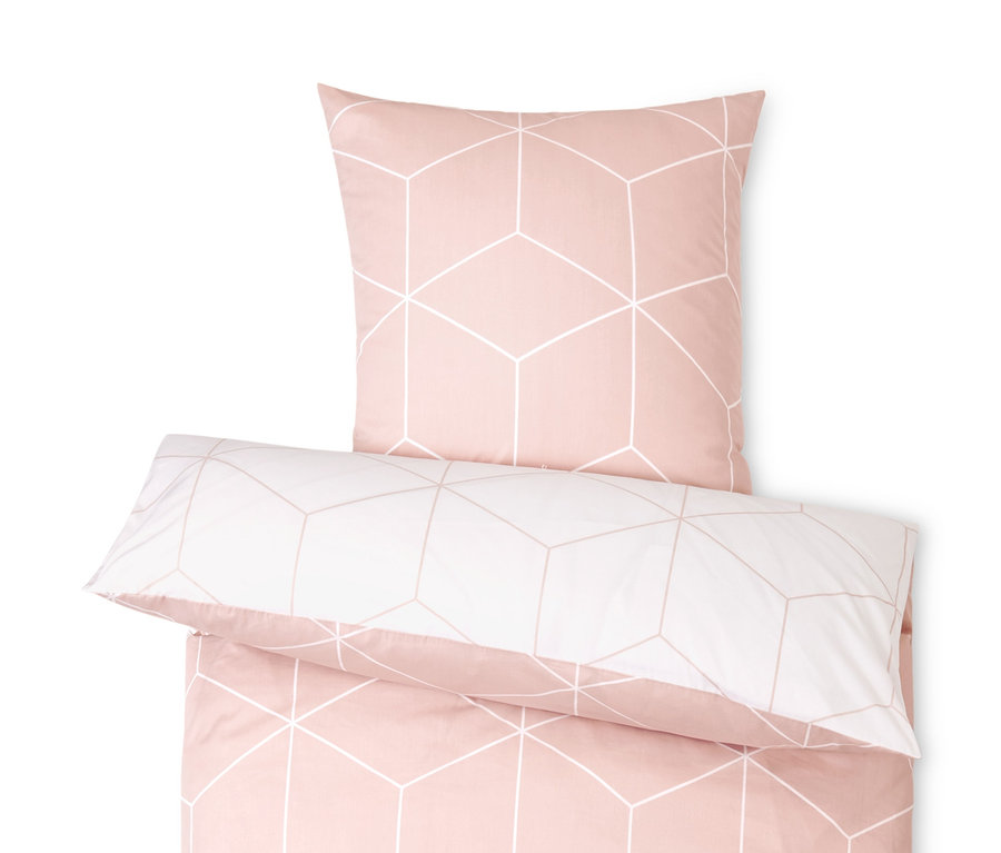 Rosa Bettwäsche mit geometrischem Muster und weißem Rand.