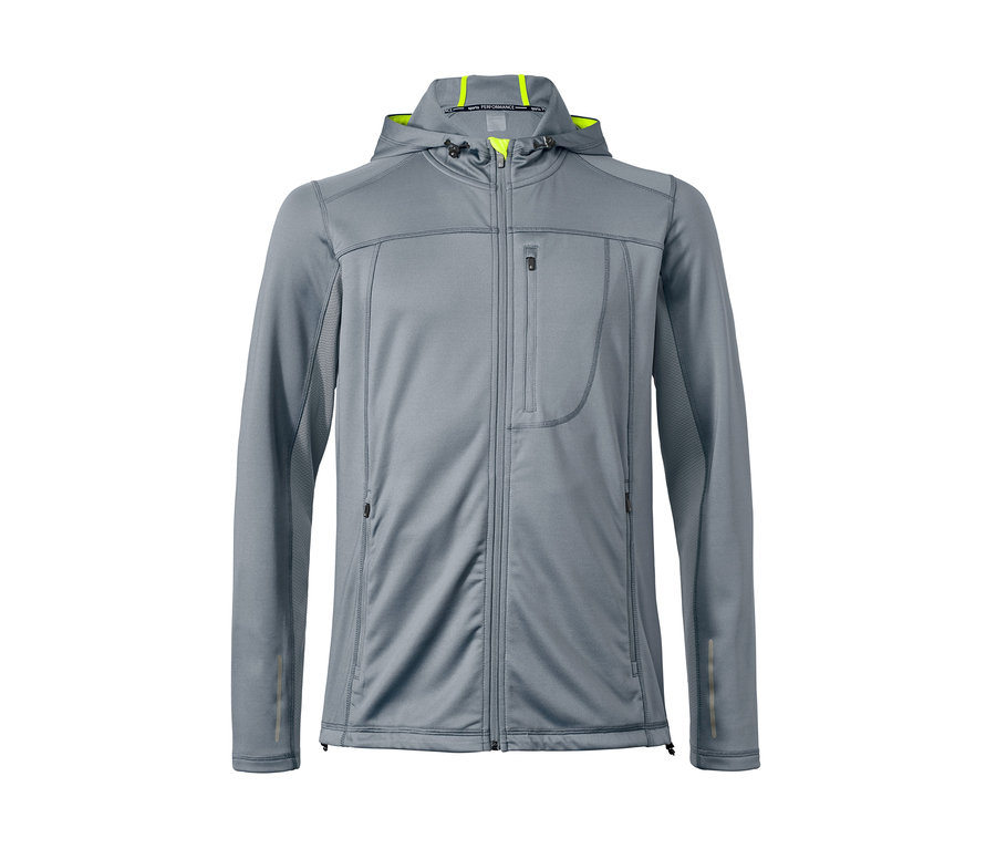 Graue Sportjacke mit Reißverschluss und Kapuze.