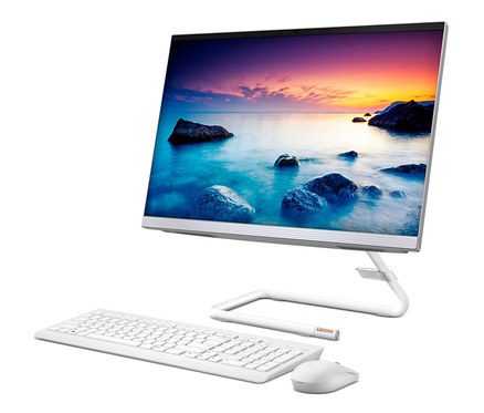 Weißer Lenovo All-in-One »A340-24IWL« Computer mit Tastatur und Maus auf weißem Hintergrund.