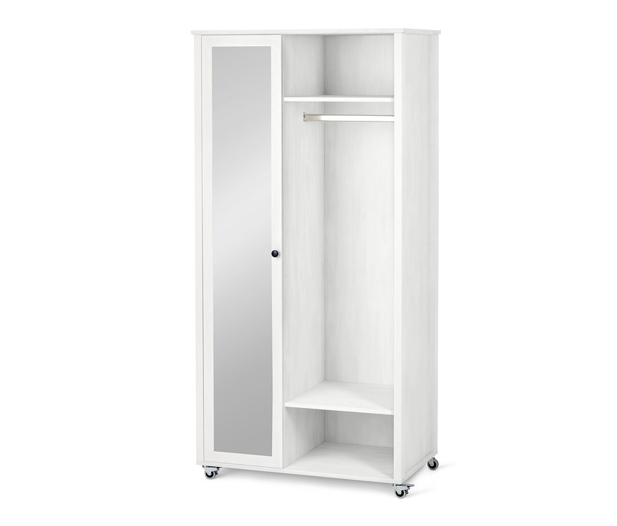 Weißer Garderobenschrank mit Spiegeltür.
