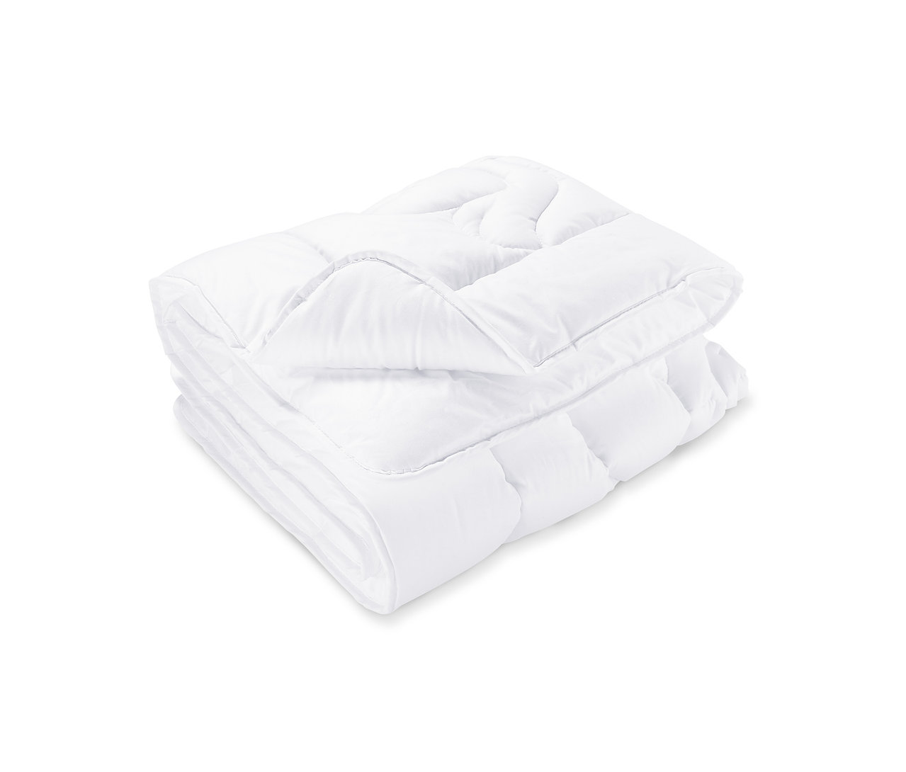 Gefaltete weiße Kinder-Steppdecke und -Kissen.