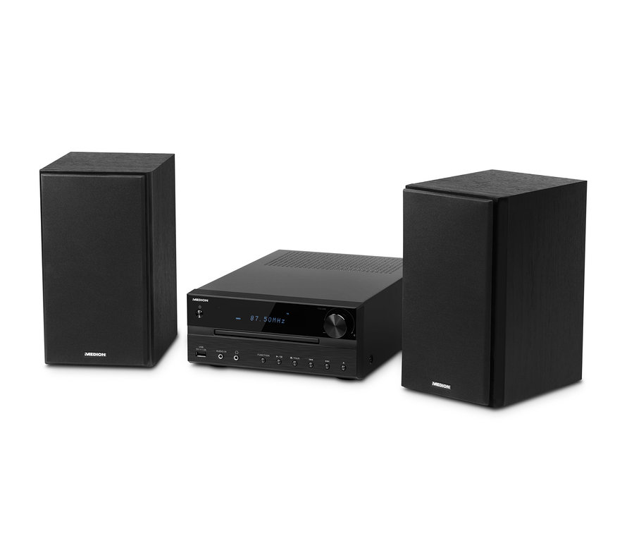Schwarzes MEDION®-LIFE®-P64262-Micro-Audio-System mit zwei Lautsprechern.