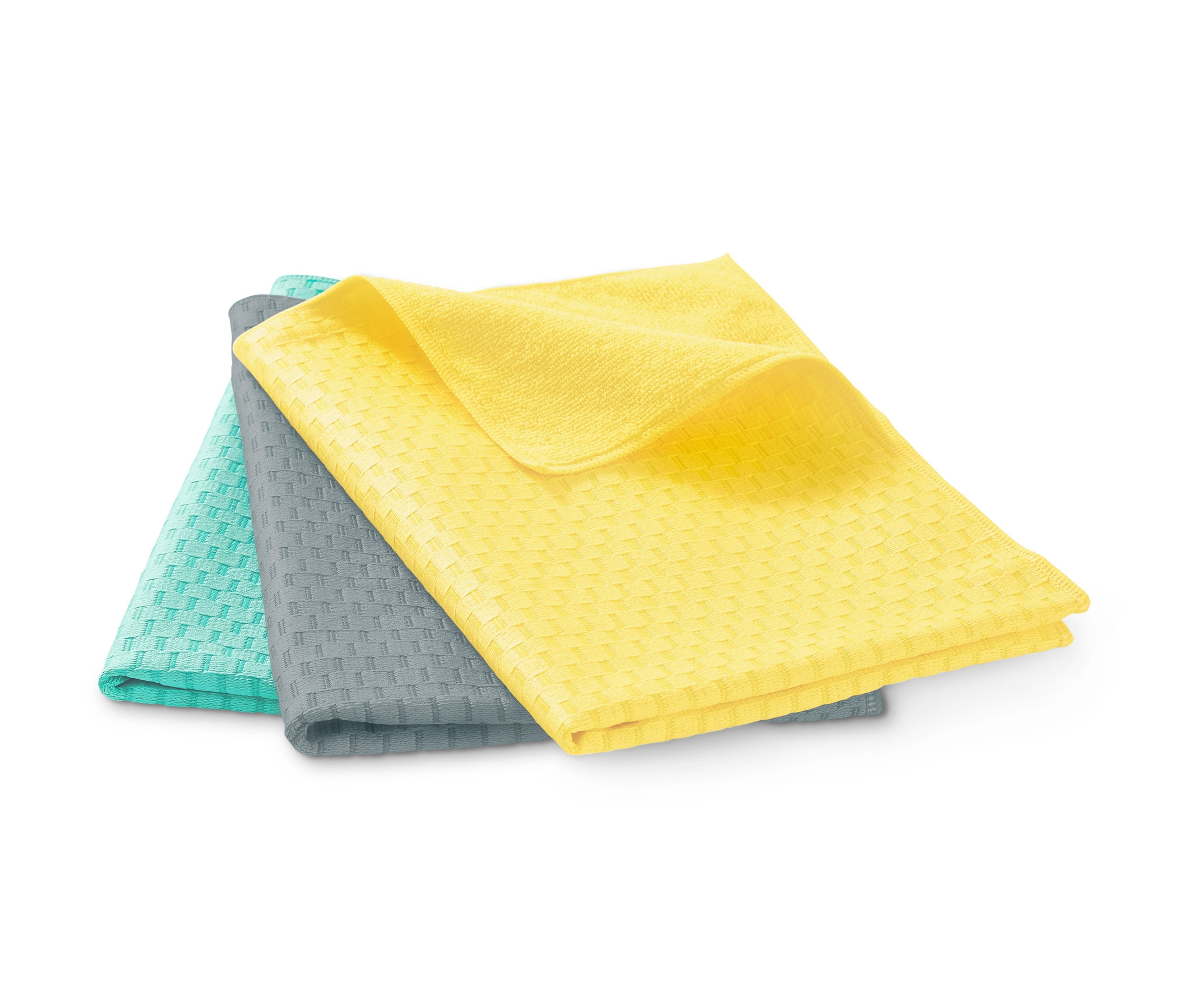 Ein Set aus drei Geschirrtüchern in Gelb, Grau und Türkis.