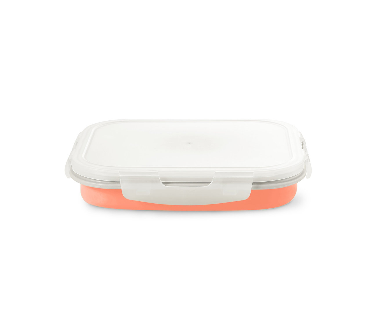 Eine orange Frischhaltedose mit weißem Deckel.