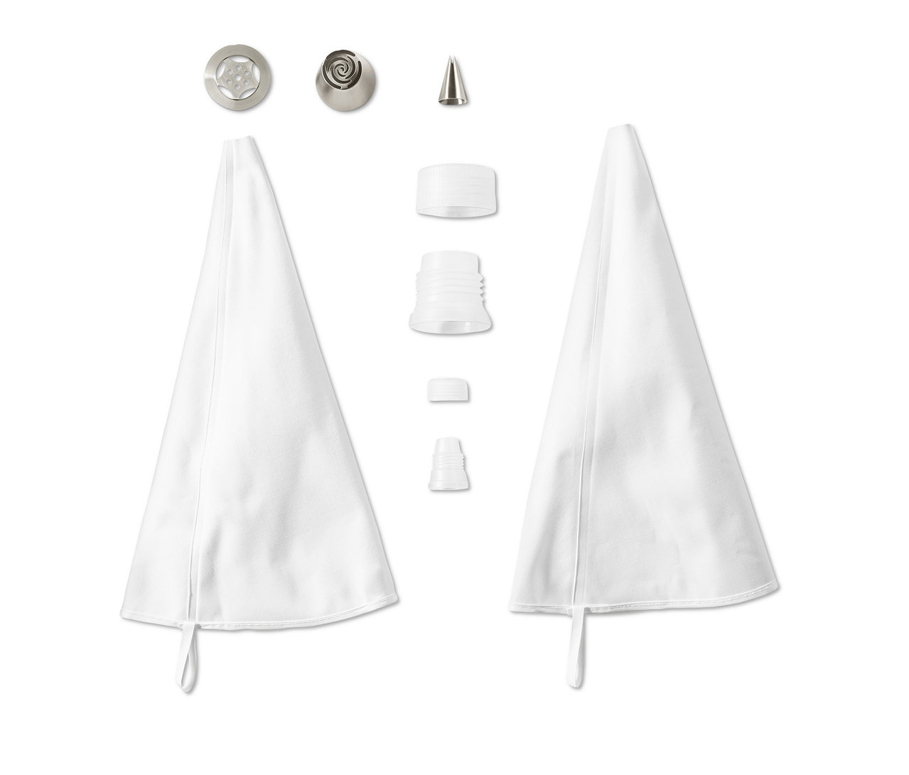 Spritztüllen-Set mit zwei weißen Baumwollbeuteln und Metallspitzen.