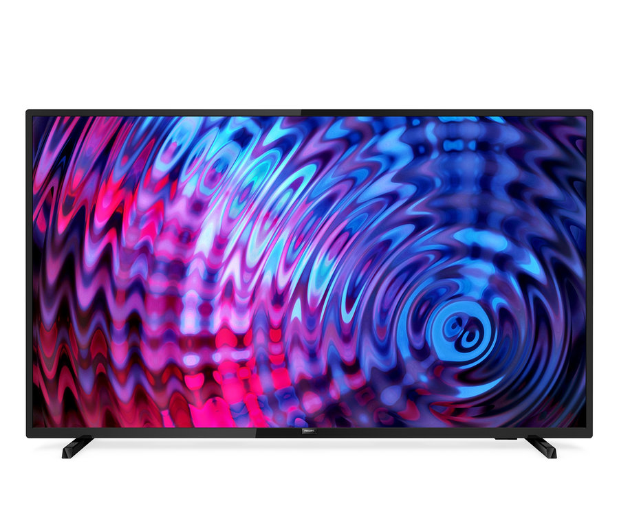 Ein schwarzer 32-Zoll Philips Smart-TV Fernseher zeigt ein abstraktes Farbmuster.