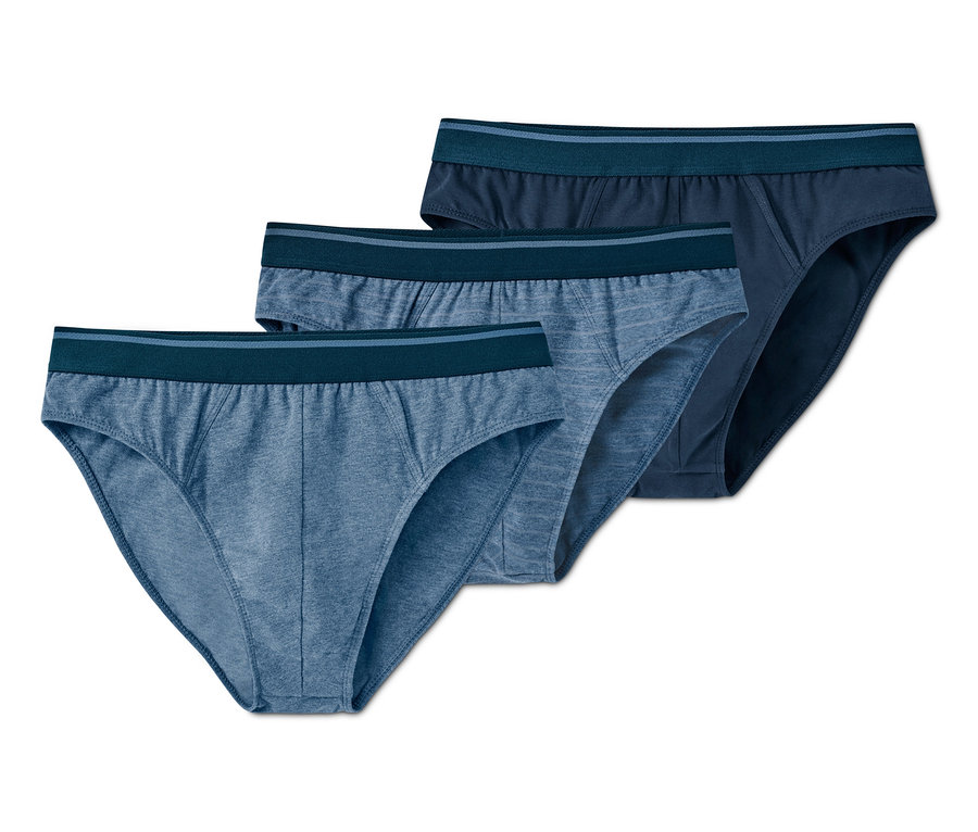 Drei blaue Herrenslips.