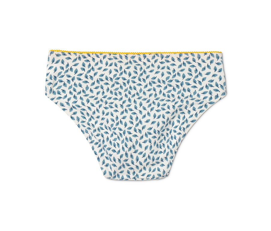 Detailansicht eines Baumwollslips mit blauem Blattmuster und gelbem Rand. 3 Slips