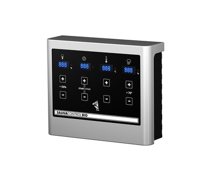 Saunasteuerungsgerät mit Display und Tasten zur Einstellung von Temperatur, Luftfeuchtigkeit und Zeit.