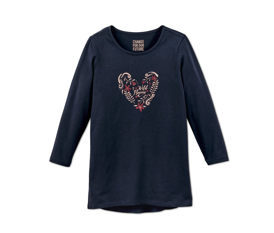 Marineblauer Jersey-Pyjama mit langen Ärmeln und Herz-Blumen-Print.