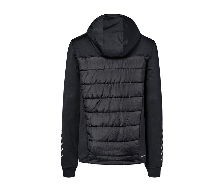 Detailansicht der Rückseite einer schwarzen Hybrid-Thermojacke mit Kapuze.