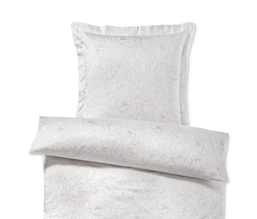 Weiße Premium Satin-Bettwäsche mit Blumenmuster, in Standard- und Übergrößen.