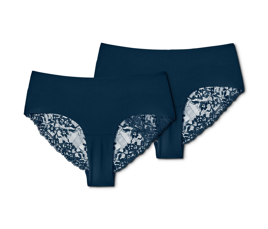 Zwei dunkelblaue Magic-Cut-Brazilslips mit Spitze.