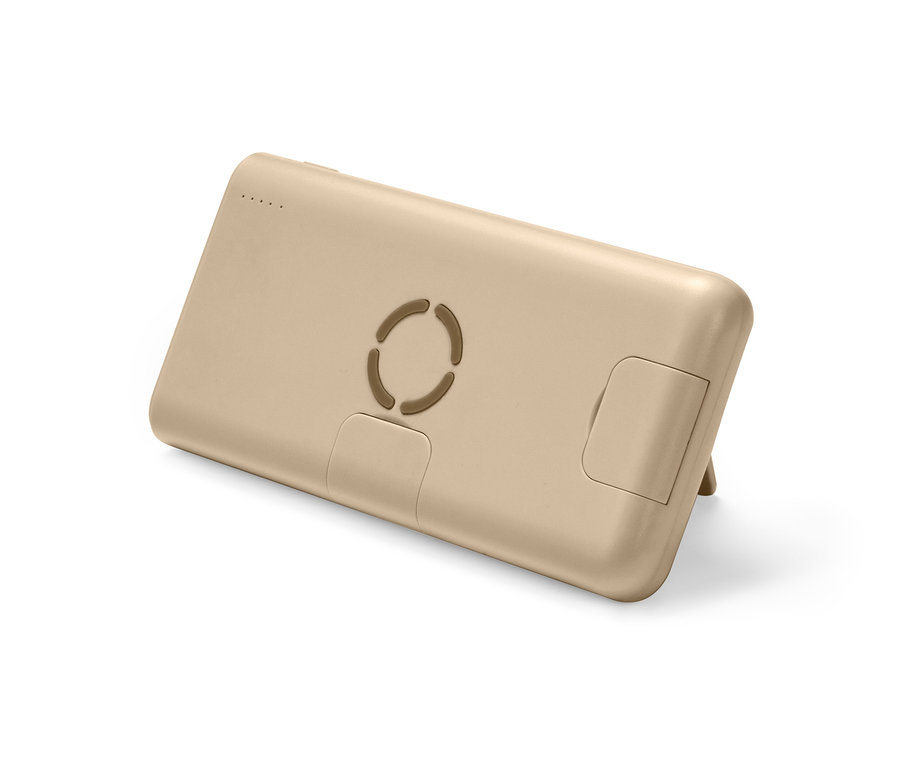 Eine kabellose Powerbank und ein Ladegerät in Beige.