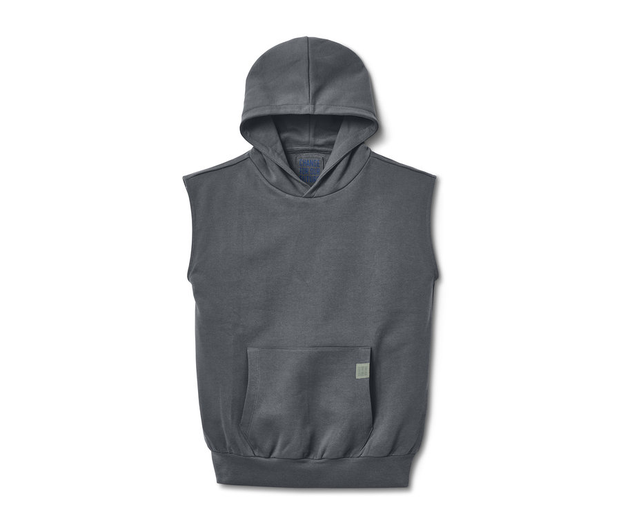 Ärmelloses, graues Kapuzenshirt mit Kängurutasche.
